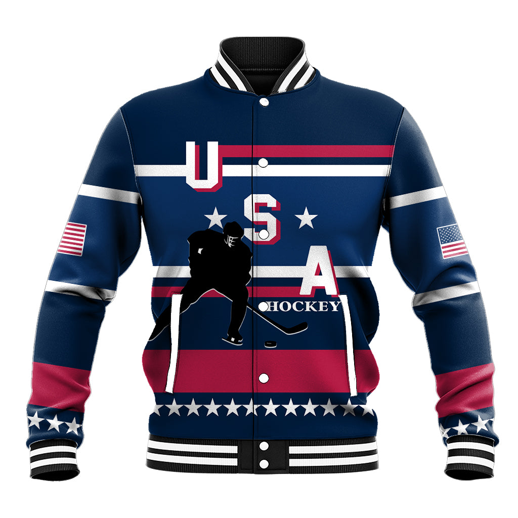 Blue USA-style varsity baseball jacket with front hockey graphic, stars, stripes, snaps