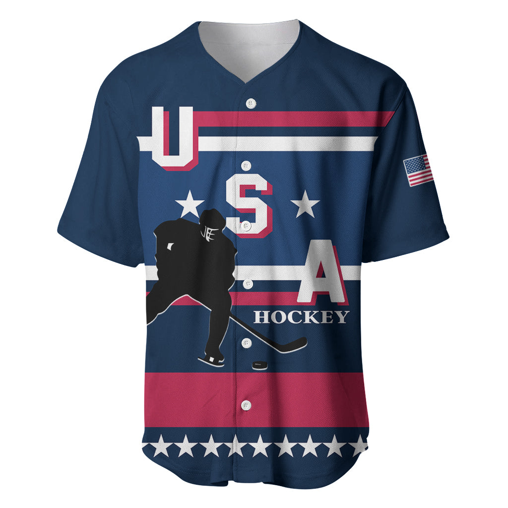 Blue V-neck button baseball jersey with stars, stripes, US flag sleeve and hockey graphics