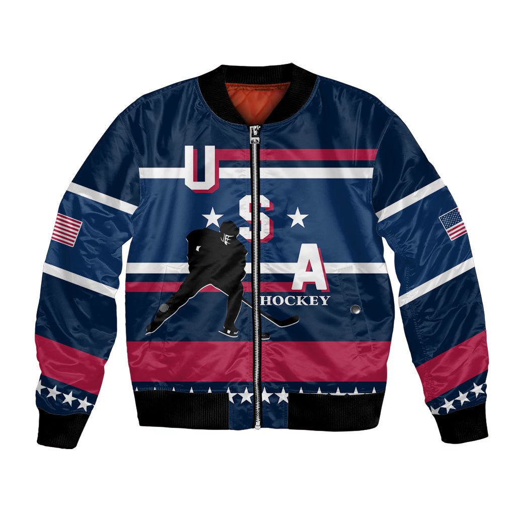 Unisex blue satin bomber jacket with full-zip front and hockey graphic panel