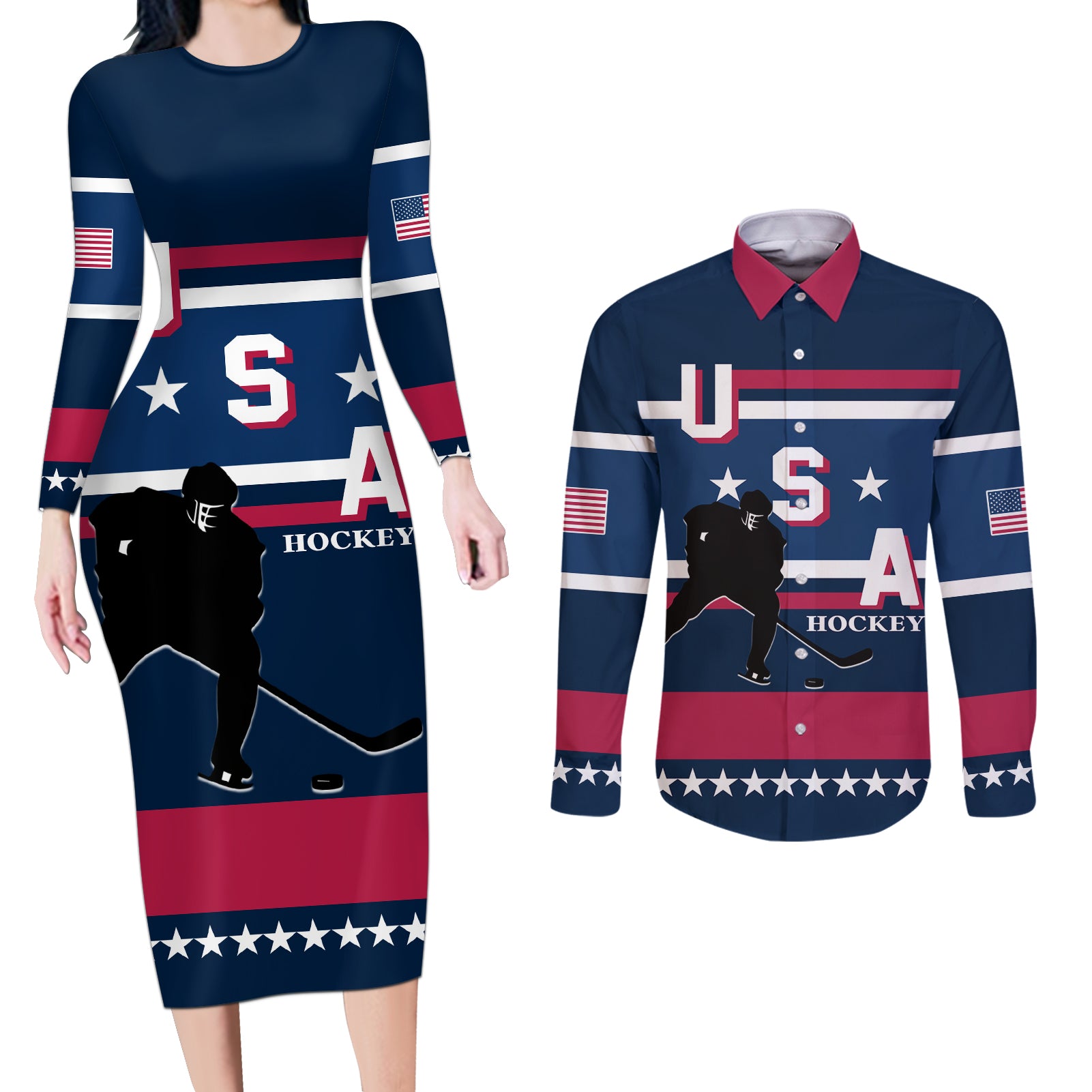 USA Hockey 2024 Couples Matching Long Sleeve Bodycon Dress and Long Sleeve Button Shirt Go Team USA - Wonder Print Shop