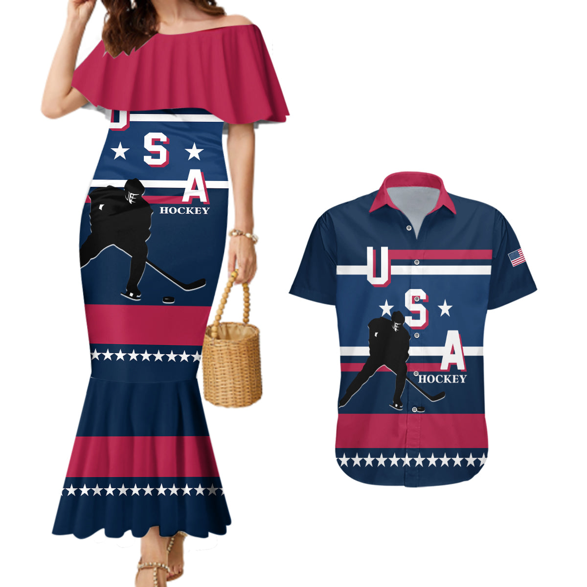 USA Hockey 2024 Couples Matching Mermaid Dress and Hawaiian Shirt Go Team USA - Wonder Print Shop