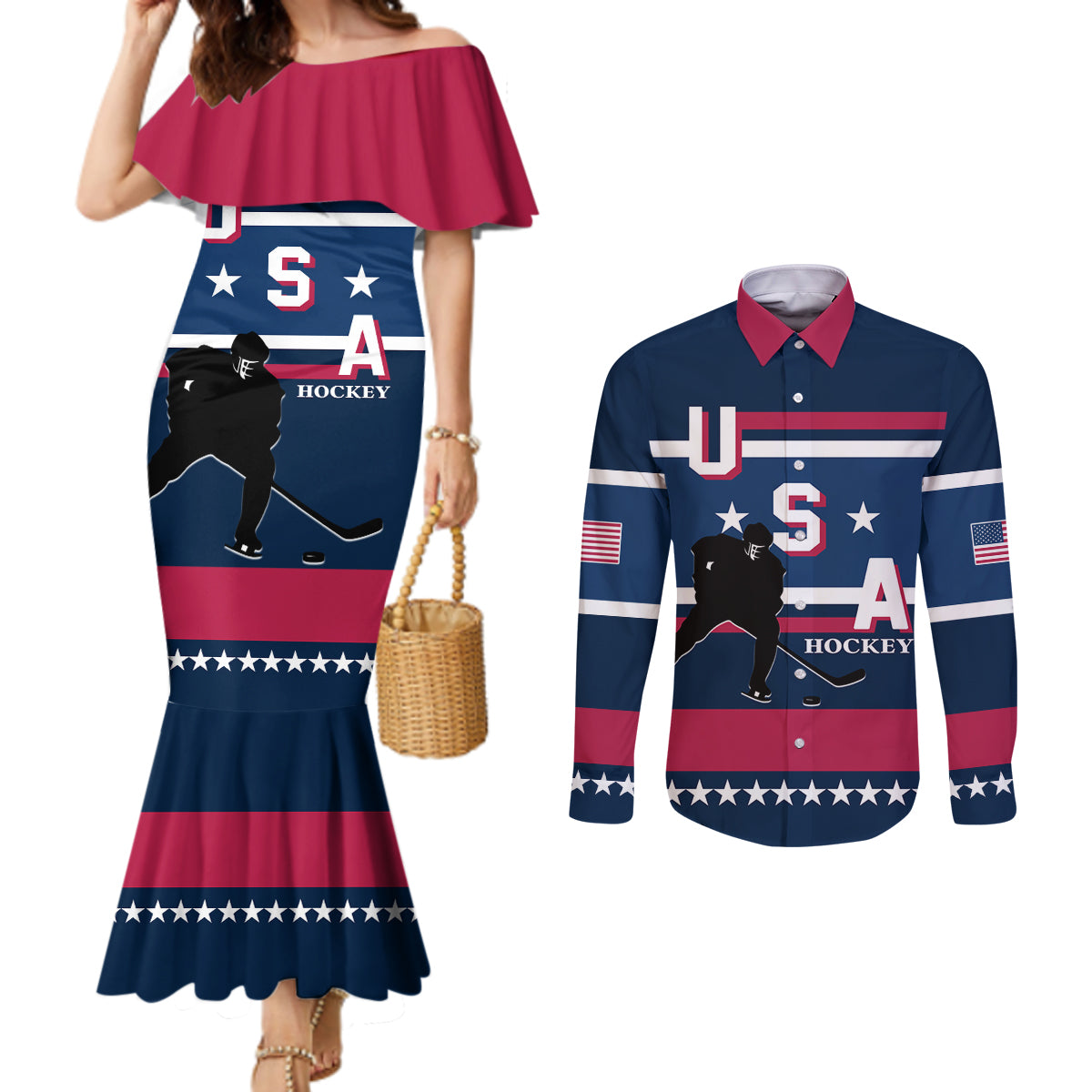 USA Hockey 2024 Couples Matching Mermaid Dress and Long Sleeve Button Shirt Go Team USA