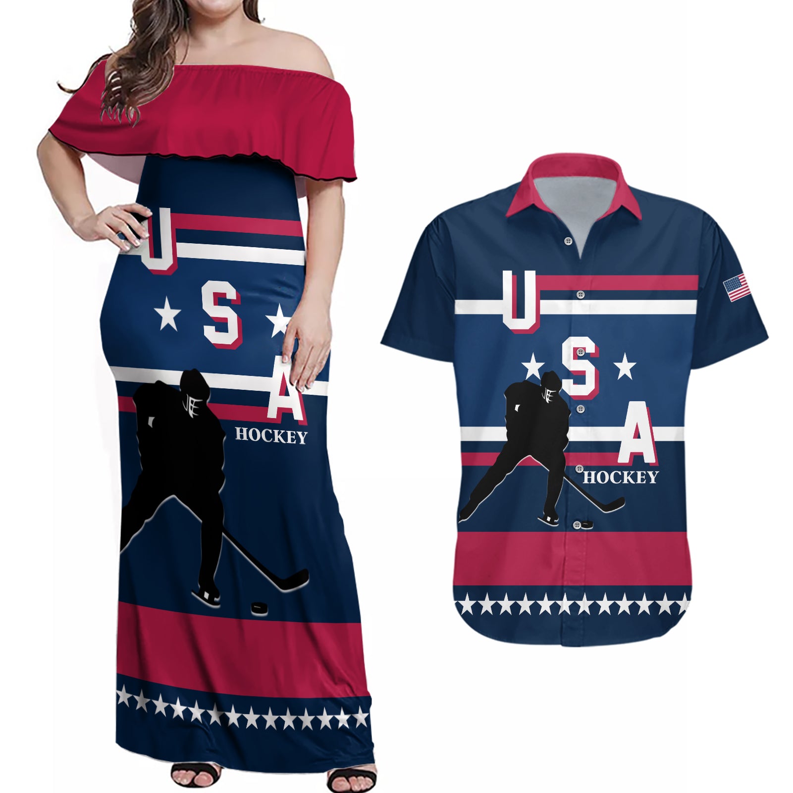 USA Hockey 2024 Couples Matching Off Shoulder Maxi Dress and Hawaiian Shirt Go Team USA - Wonder Print Shop