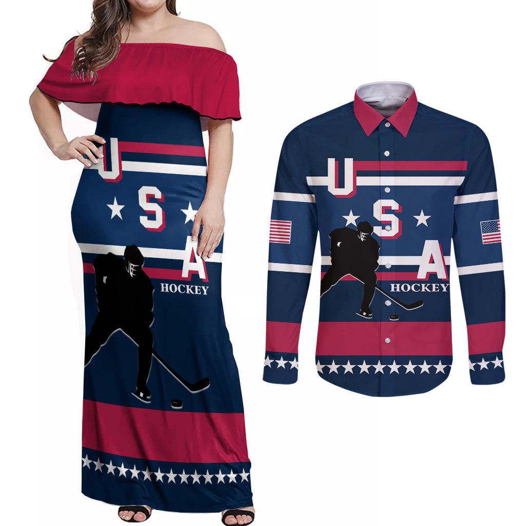 USA Hockey 2024 Couples Matching Off Shoulder Maxi Dress and Long Sleeve Button Shirt Go Team USA - Wonder Print Shop