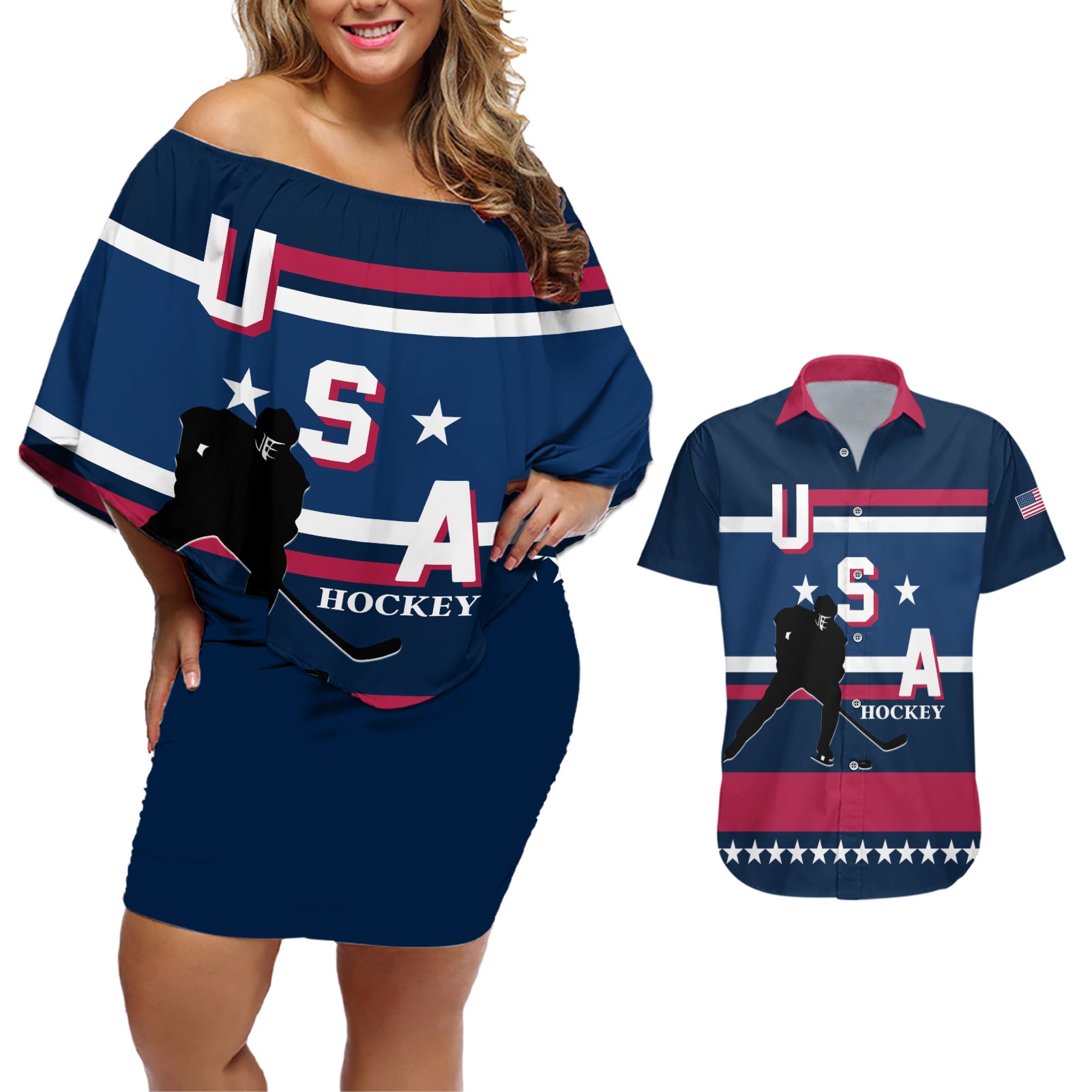 USA Hockey 2024 Couples Matching Off Shoulder Short Dress and Hawaiian Shirt Go Team USA - Wonder Print Shop