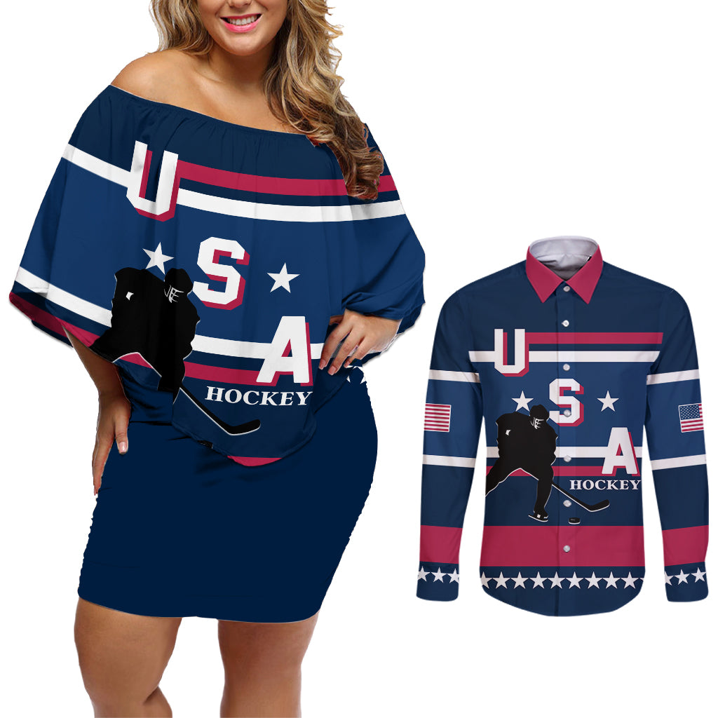 USA Hockey 2024 Couples Matching Off Shoulder Short Dress and Long Sleeve Button Shirt Go Team USA - Wonder Print Shop