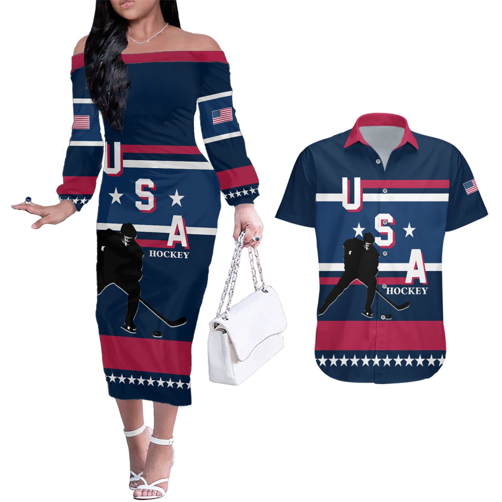 USA Hockey 2024 Couples Matching Off The Shoulder Long Sleeve Dress and Hawaiian Shirt Go Team USA - Wonder Print Shop