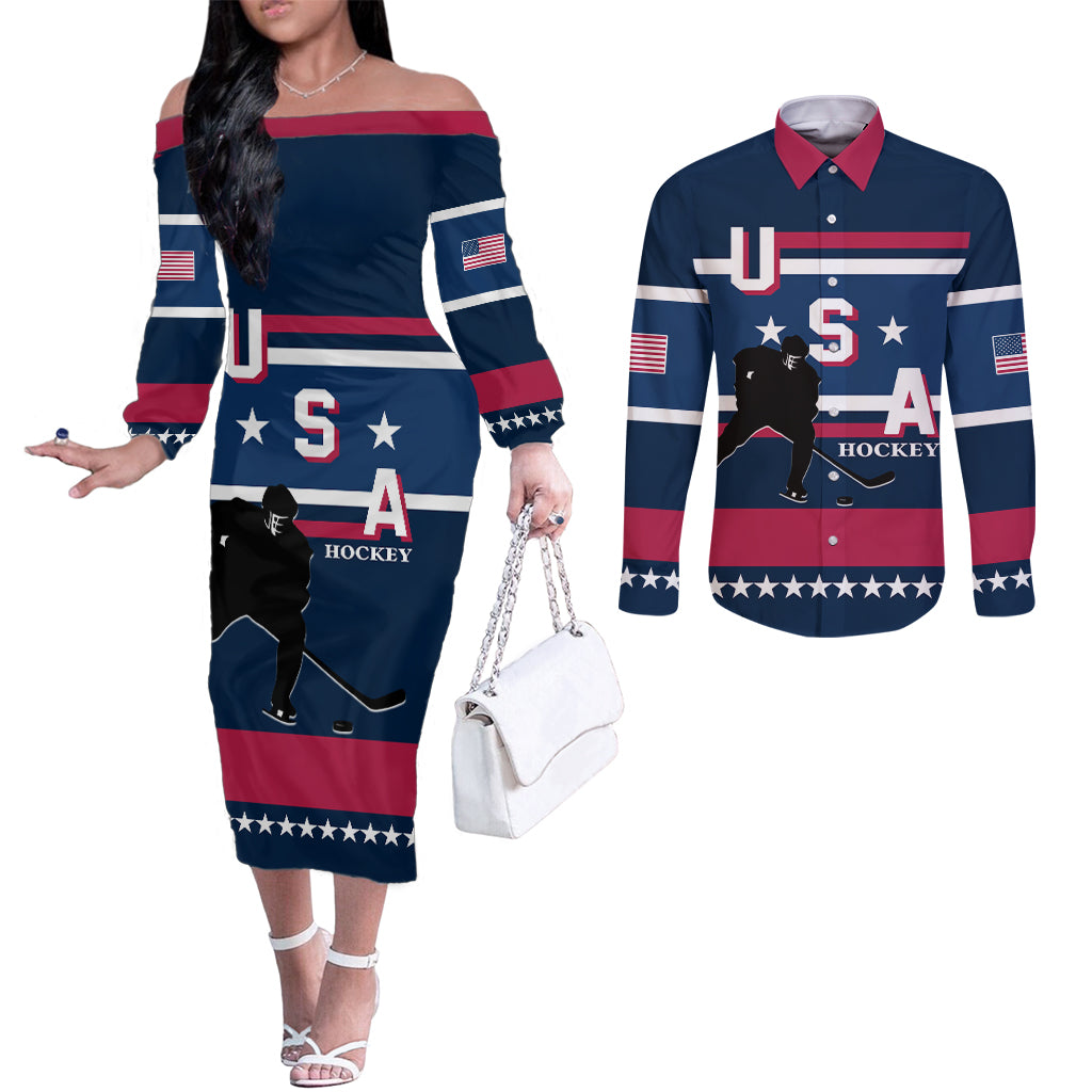 USA Hockey 2024 Couples Matching Off The Shoulder Long Sleeve Dress and Long Sleeve Button Shirt Go Team USA