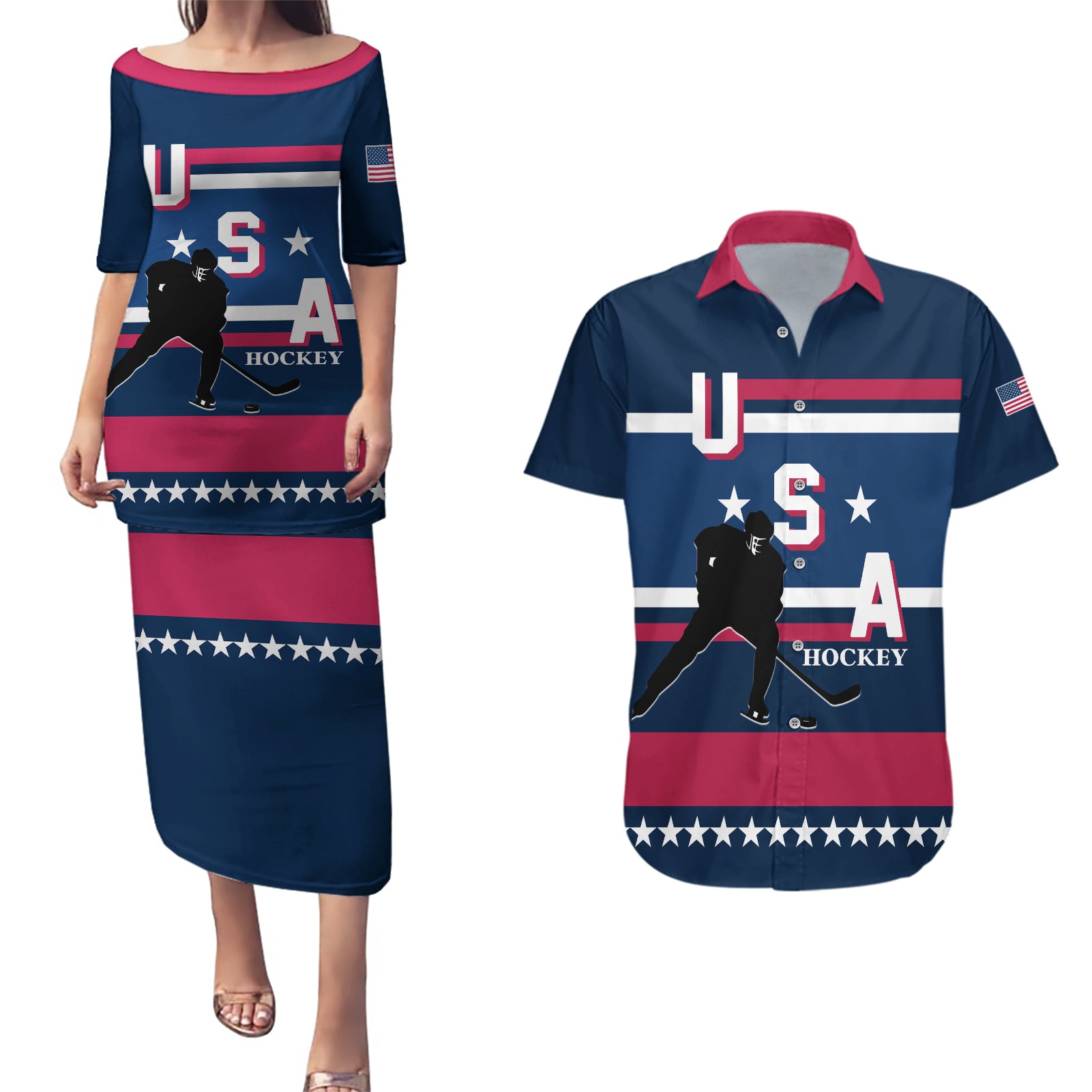 USA Hockey 2024 Couples Matching Puletasi and Hawaiian Shirt Go Team USA - Wonder Print Shop