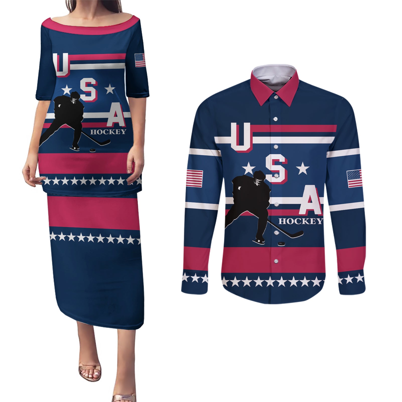 USA Hockey 2024 Couples Matching Puletasi and Long Sleeve Button Shirt Go Team USA - Wonder Print Shop