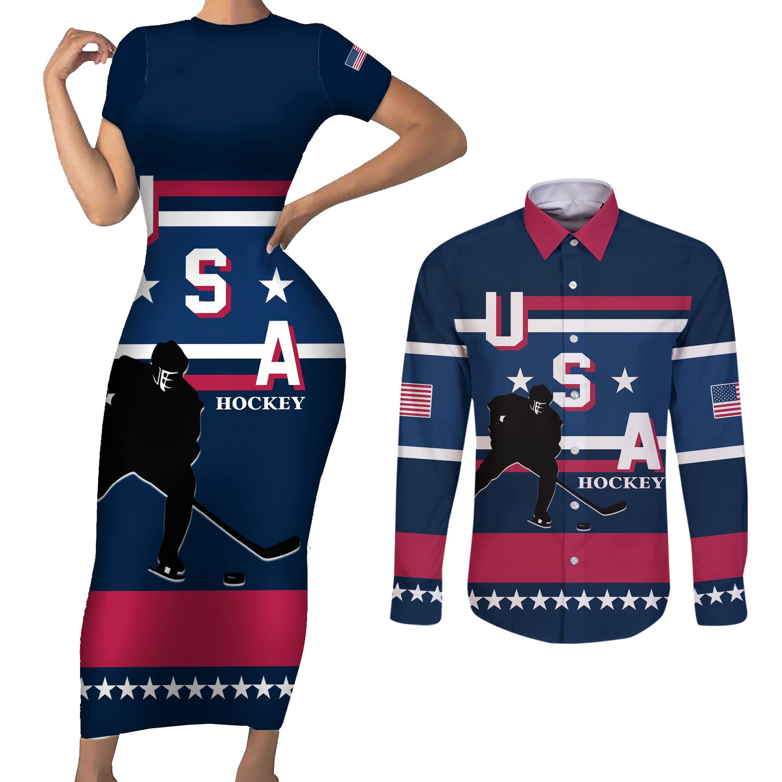 USA Hockey 2024 Couples Matching Short Sleeve Bodycon Dress and Long Sleeve Button Shirt Go Team USA - Wonder Print Shop