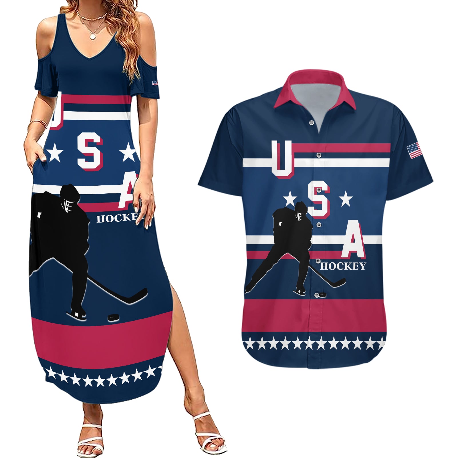 USA Hockey 2024 Couples Matching Summer Maxi Dress and Hawaiian Shirt Go Team USA - Wonder Print Shop