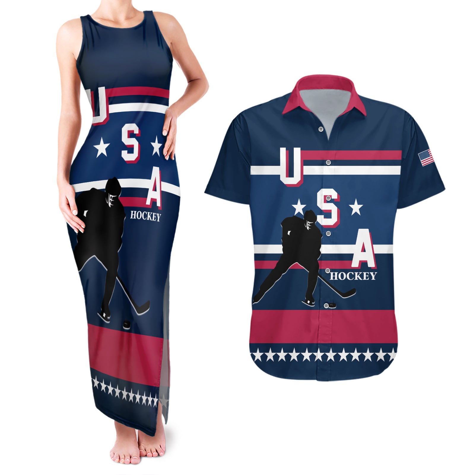 USA Hockey 2024 Couples Matching Tank Maxi Dress and Hawaiian Shirt Go Team USA - Wonder Print Shop