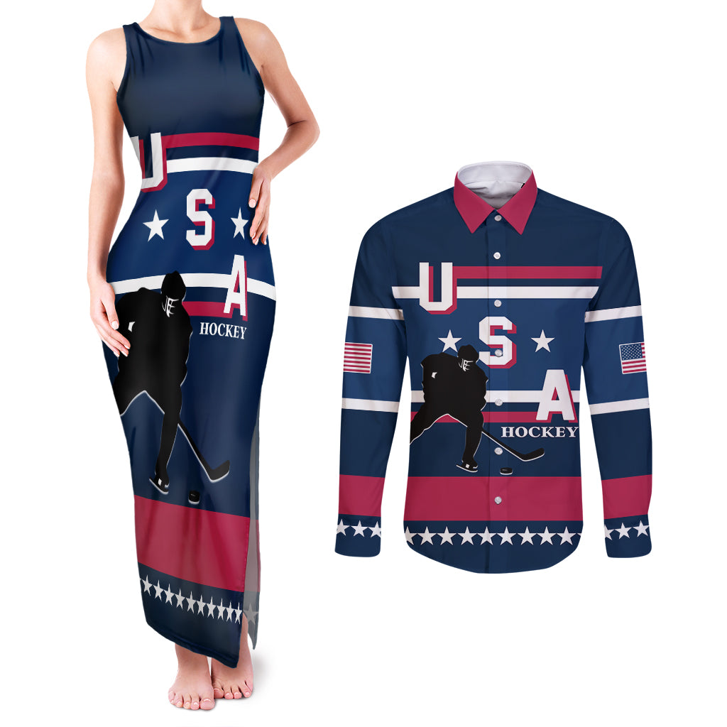 USA Hockey 2024 Couples Matching Tank Maxi Dress and Long Sleeve Button Shirt Go Team USA - Wonder Print Shop