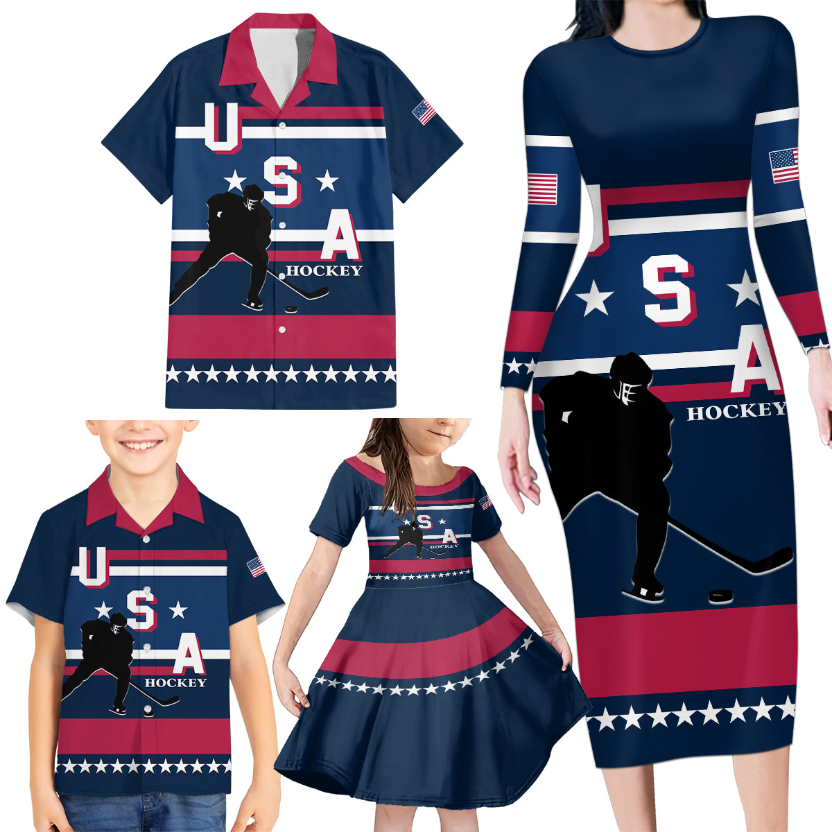 USA Hockey 2024 Family Matching Long Sleeve Bodycon Dress and Hawaiian Shirt Go Team USA - Wonder Print Shop