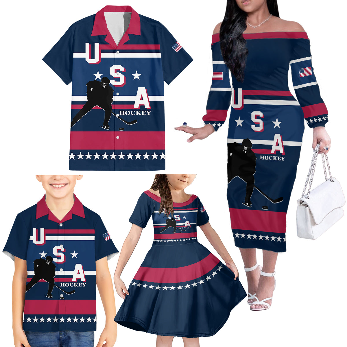 USA Hockey 2024 Family Matching Off The Shoulder Long Sleeve Dress and Hawaiian Shirt Go Team USA - Wonder Print Shop