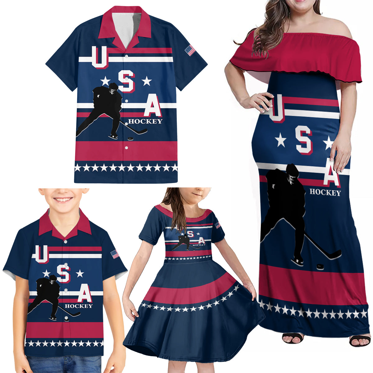 USA Hockey 2024 Family Matching Off Shoulder Maxi Dress and Hawaiian Shirt Go Team USA - Wonder Print Shop