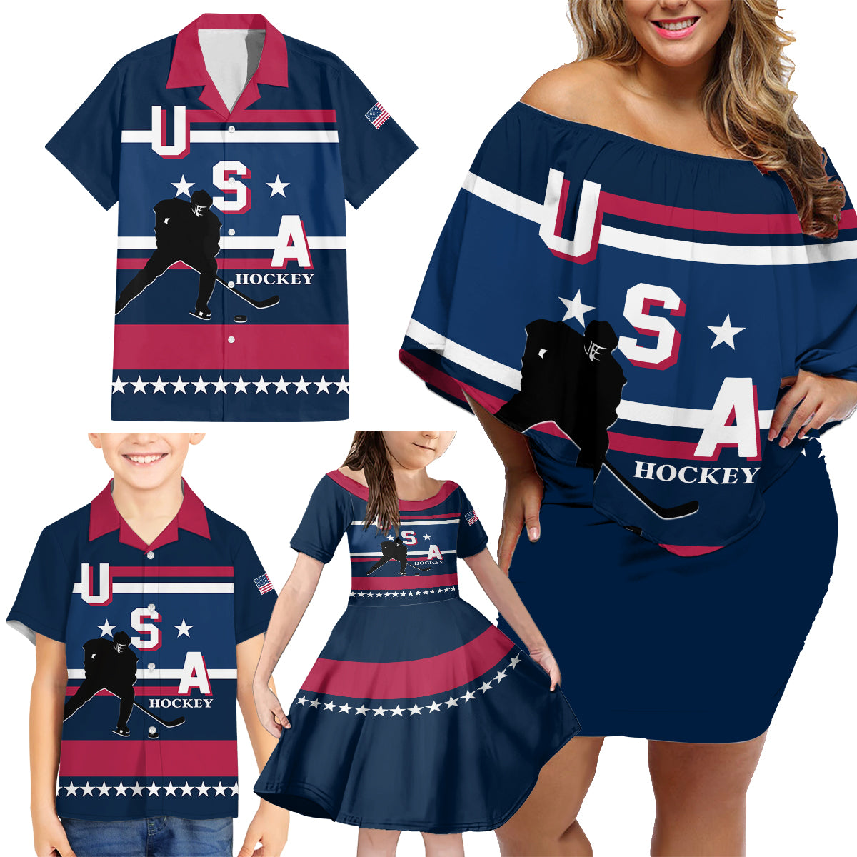 USA Hockey 2024 Family Matching Off Shoulder Short Dress and Hawaiian Shirt Go Team USA - Wonder Print Shop