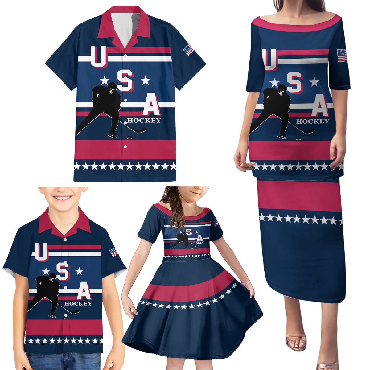 USA Hockey 2024 Family Matching Puletasi and Hawaiian Shirt Go Team USA - Wonder Print Shop