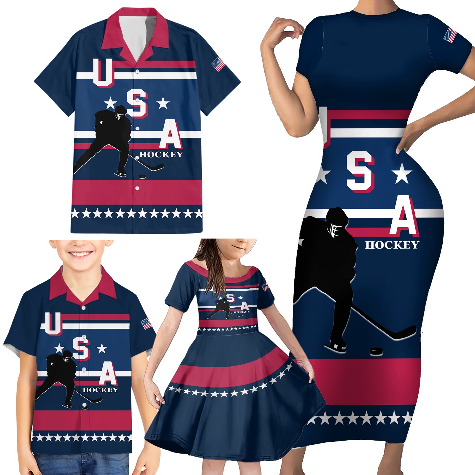 USA Hockey 2024 Family Matching Short Sleeve Bodycon Dress and Hawaiian Shirt Go Team USA - Wonder Print Shop