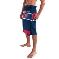 Patriotic blue lava lava shorts with red side panel, white star stripe, and elastic waistband.