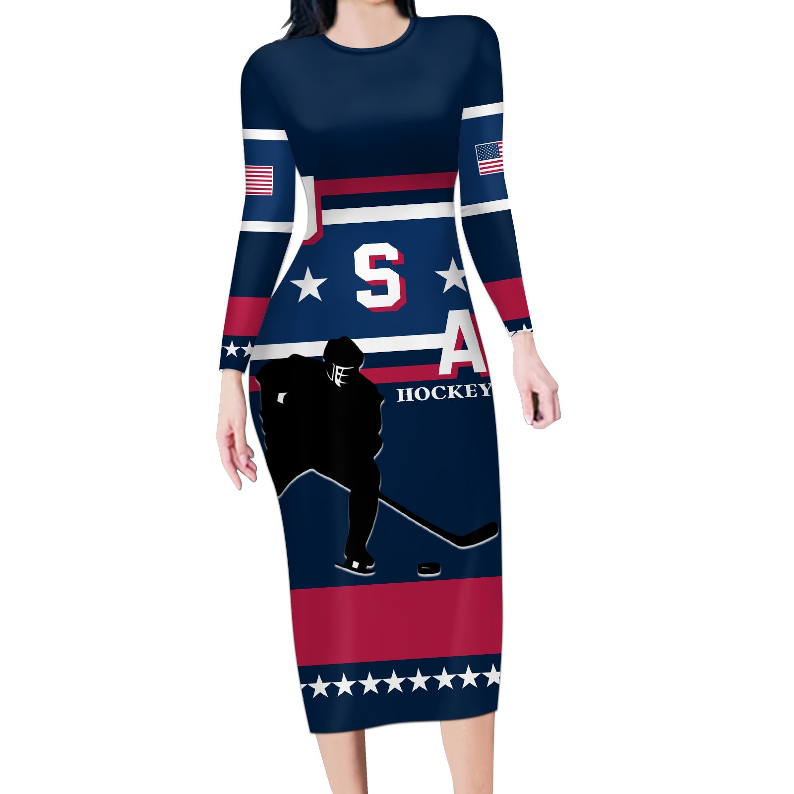 USA Hockey 2024 Long Sleeve Bodycon Dress Go Team USA - Wonder Print Shop