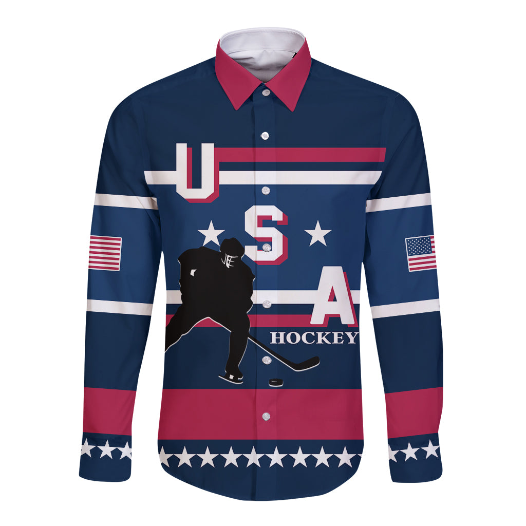 Blue long-sleeve button shirt, red collar, USA hockey front graphic with stars and flag