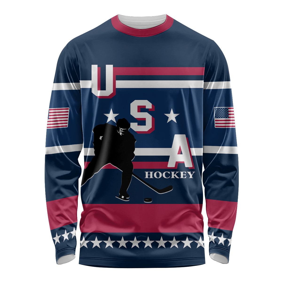 Unisex ice hockey long sleeve shirt, navy with USA and hockey graphic, red/white stripes