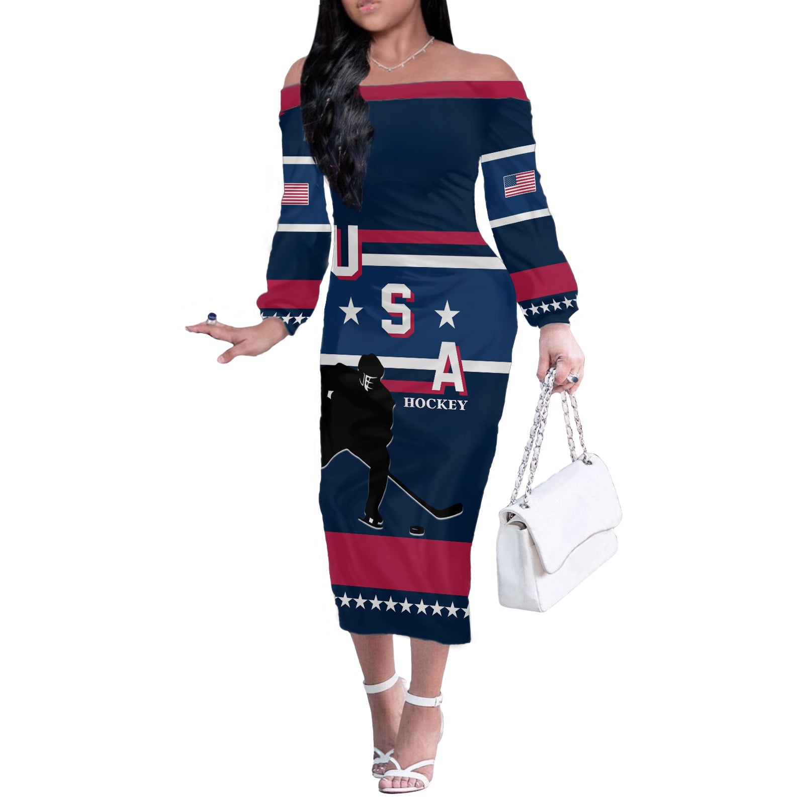 USA Hockey 2024 Off The Shoulder Long Sleeve Dress Go Team USA - Wonder Print Shop