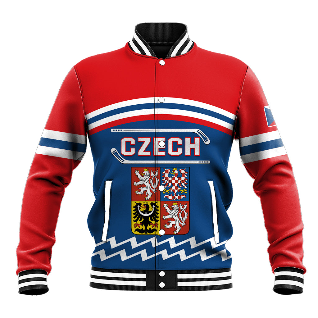 Red and blue hockey baseball jacket with front crest patch and striped rib collar