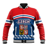 Red and blue hockey baseball jacket with front crest patch and striped rib collar