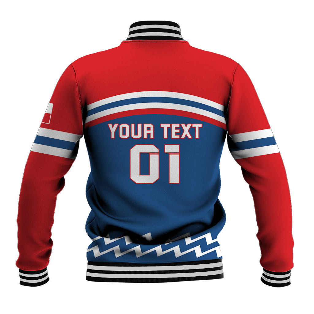 Red and blue hockey baseball jacket back with striped yoke and large number graphic