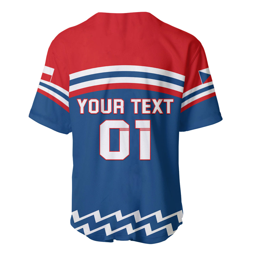 Red and blue baseball jersey back with flag stripes, YOUR TEXT, and 01 number