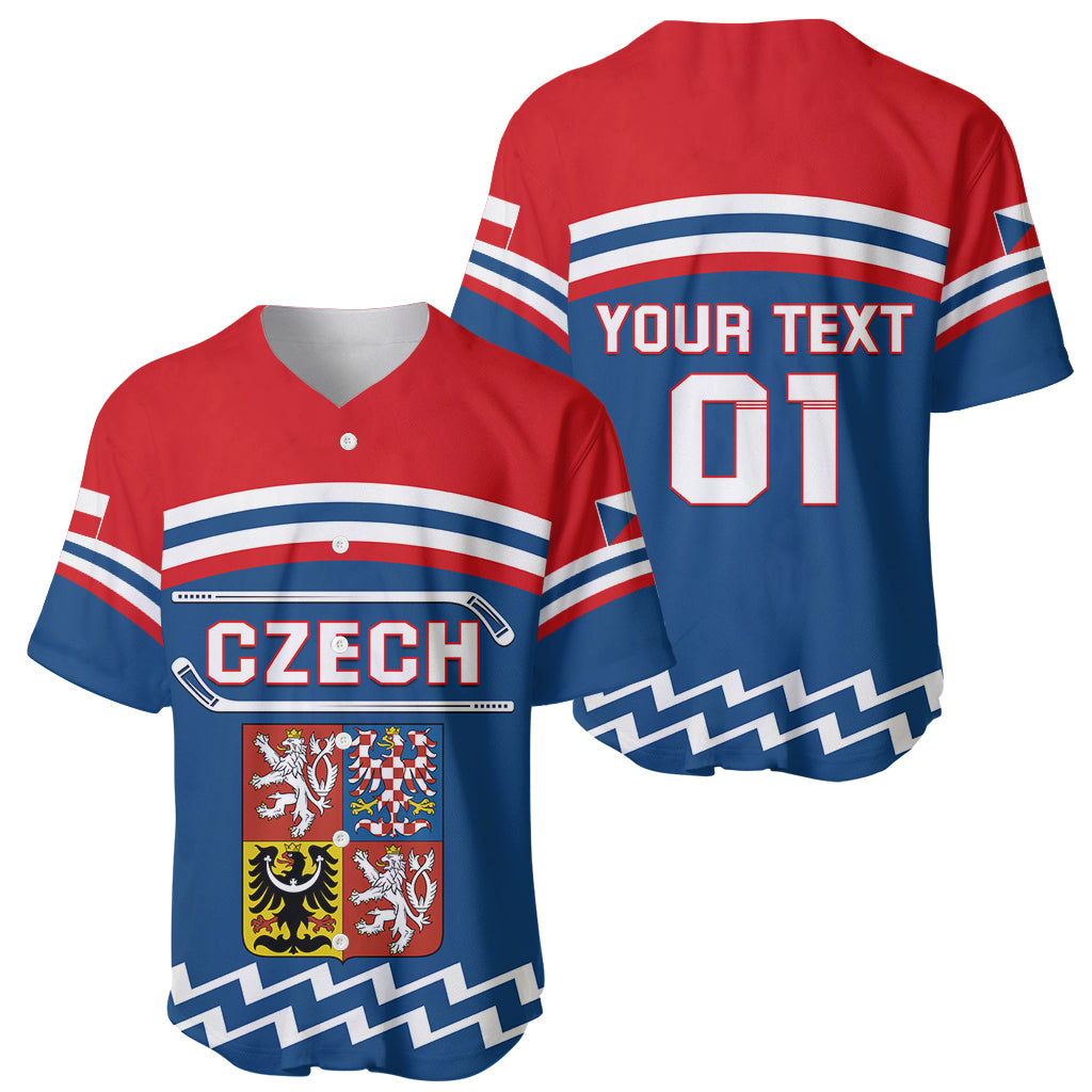 Set of red and blue baseball jerseys showing front and back: crest, YOUR TEXT, 01
