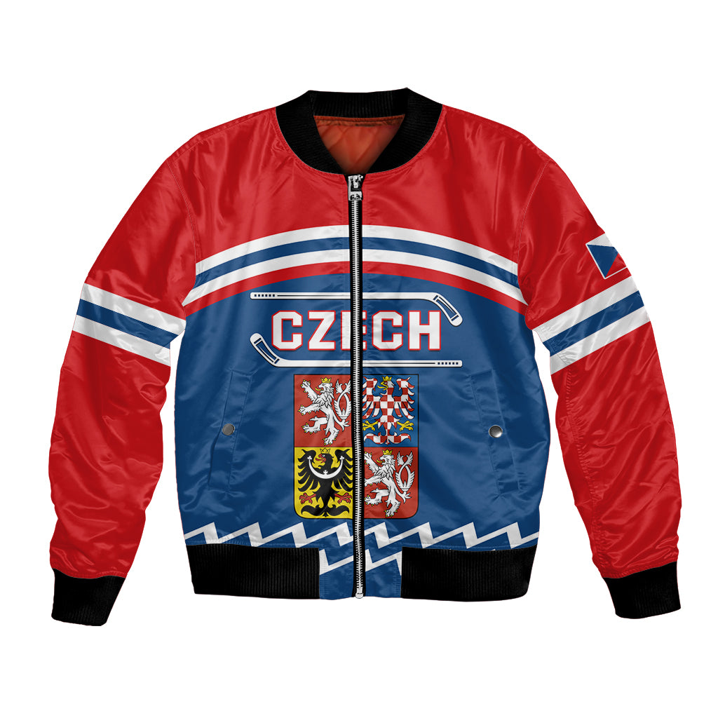 Red and blue zip-up bomber jacket with CZ/CH text, shield crest, ribbed cuffs
