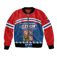 Red and blue zip-up bomber jacket with CZ/CH text, shield crest, ribbed cuffs