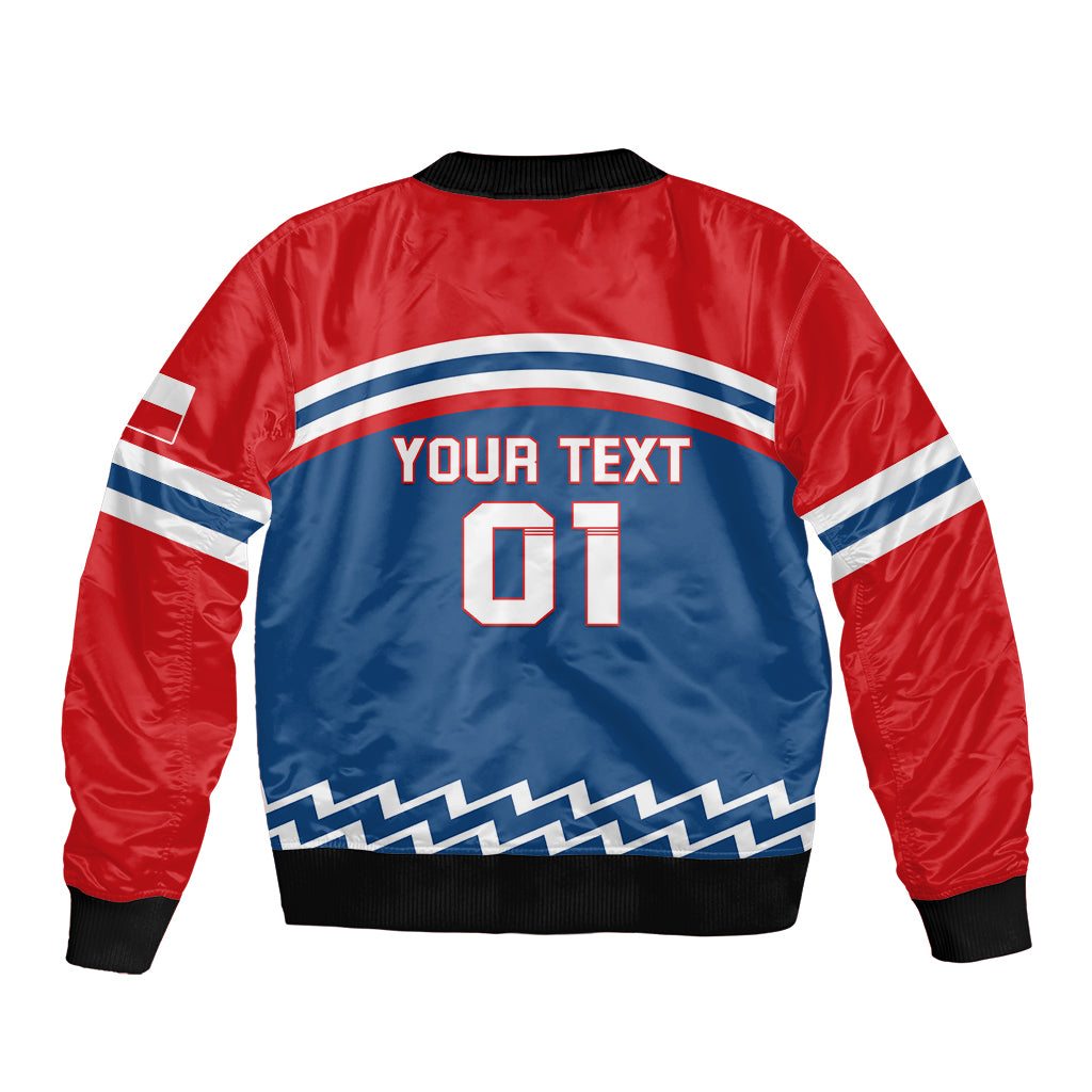 Red and blue bomber jacket with striped graphic and number 01, ribbed cuffs