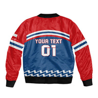 Red and blue bomber jacket with striped graphic and number 01, ribbed cuffs