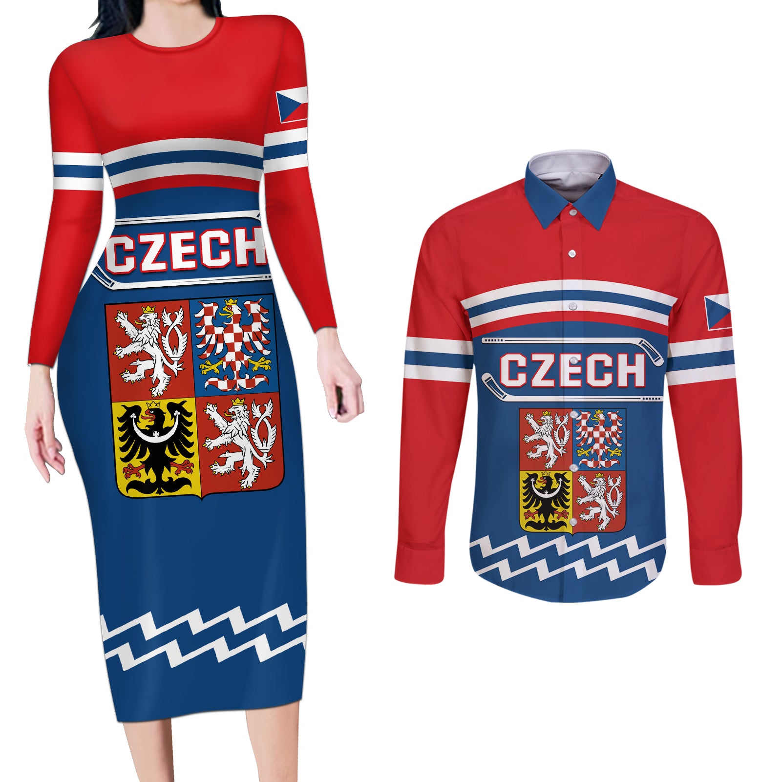 Czech Hockey 2024 Couples Matching Long Sleeve Bodycon Dress and Long Sleeve Button Shirt Come on Czechia - Wonder Print Shop