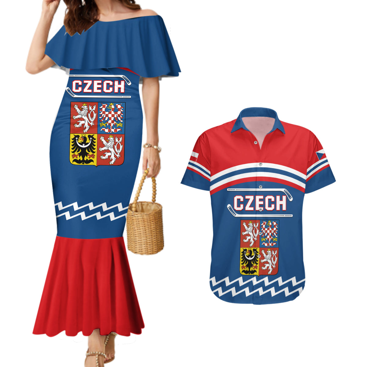 Czech Hockey 2024 Couples Matching Mermaid Dress and Hawaiian Shirt Come on Czechia - Wonder Print Shop