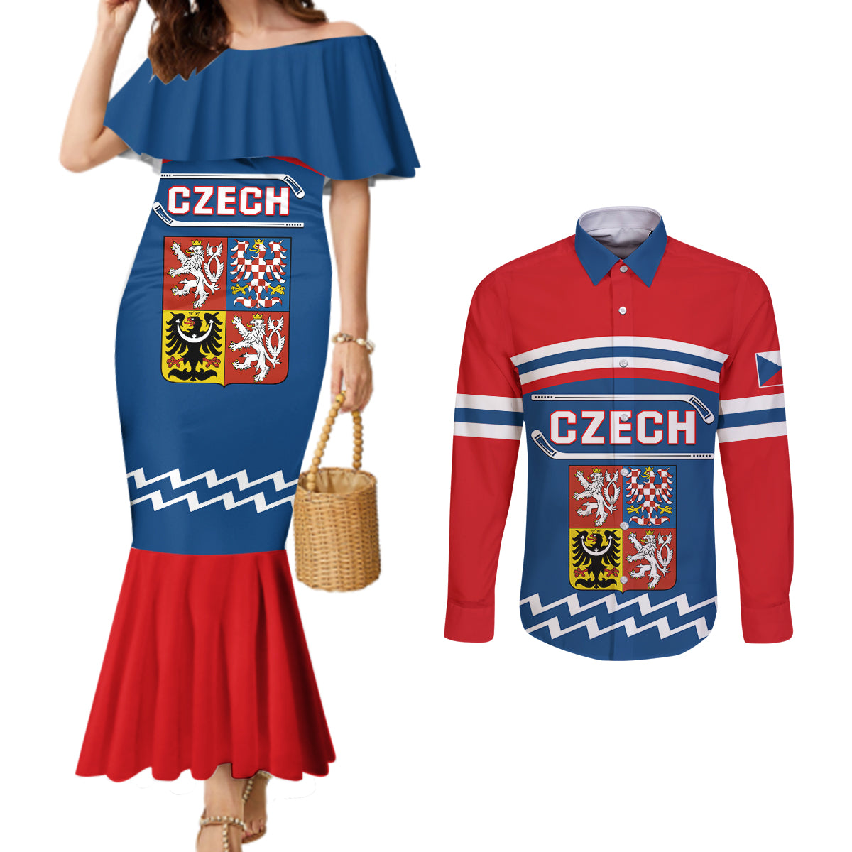 Czech Hockey 2024 Couples Matching Mermaid Dress and Long Sleeve Button Shirt Come on Czechia