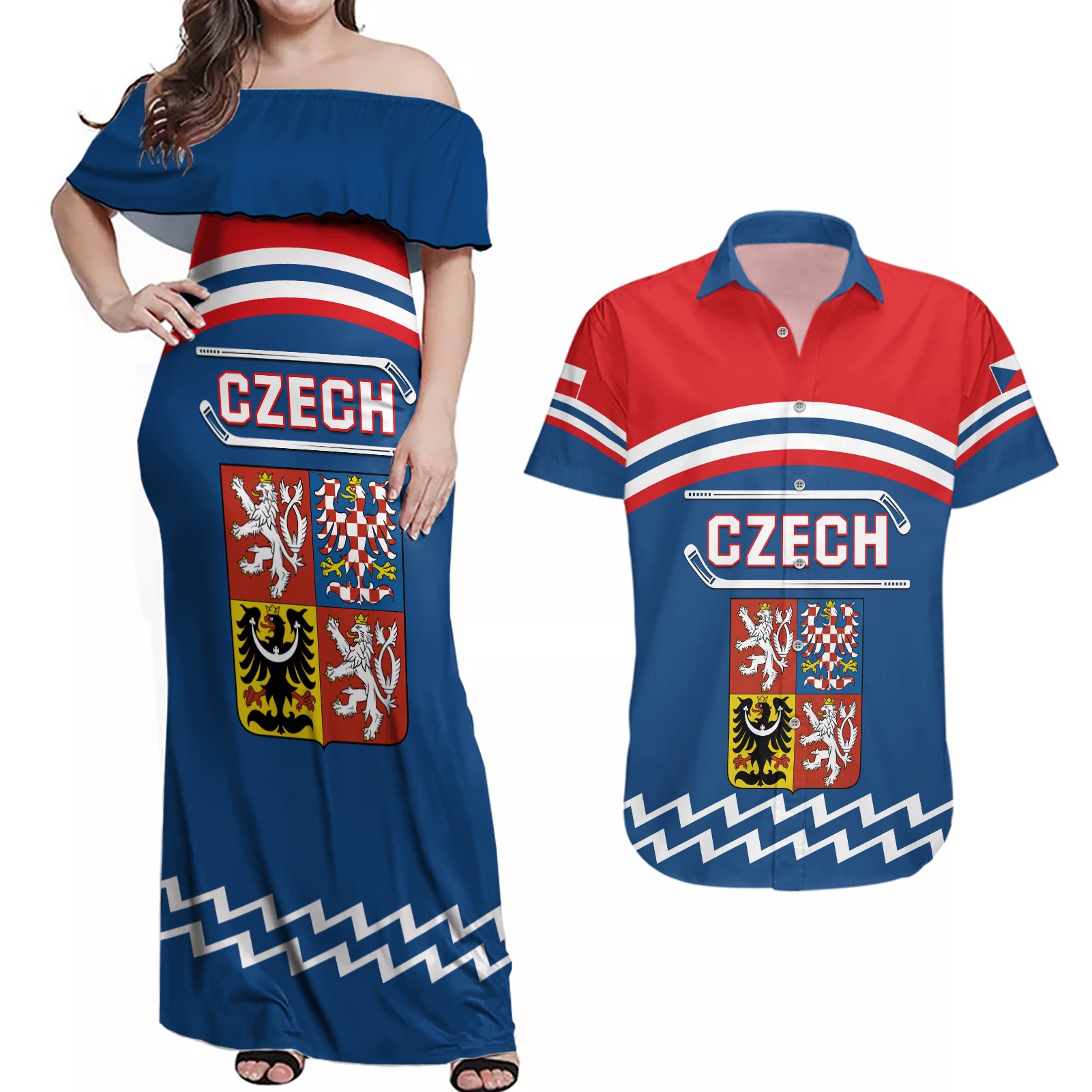 Czech Hockey 2024 Couples Matching Off Shoulder Maxi Dress and Hawaiian Shirt Come on Czechia - Wonder Print Shop