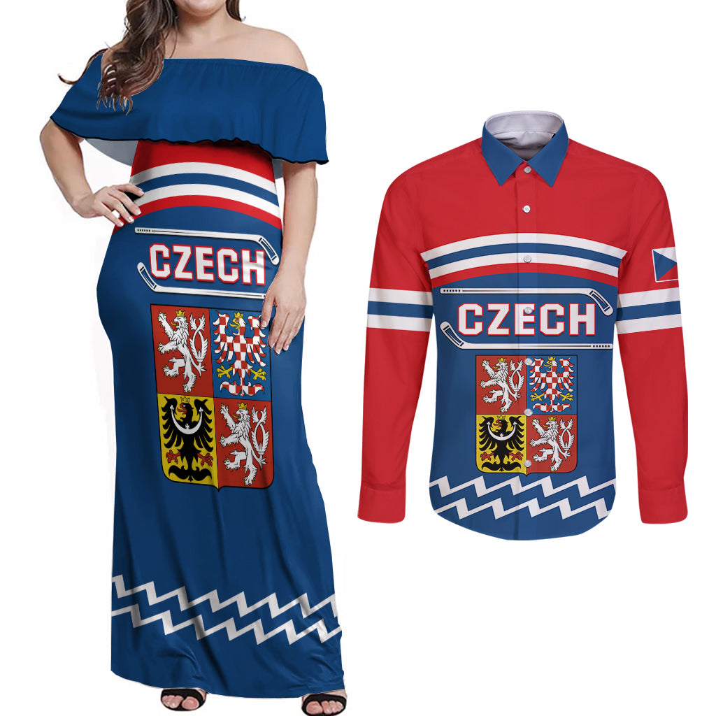 Czech Hockey 2024 Couples Matching Off Shoulder Maxi Dress and Long Sleeve Button Shirt Come on Czechia - Wonder Print Shop