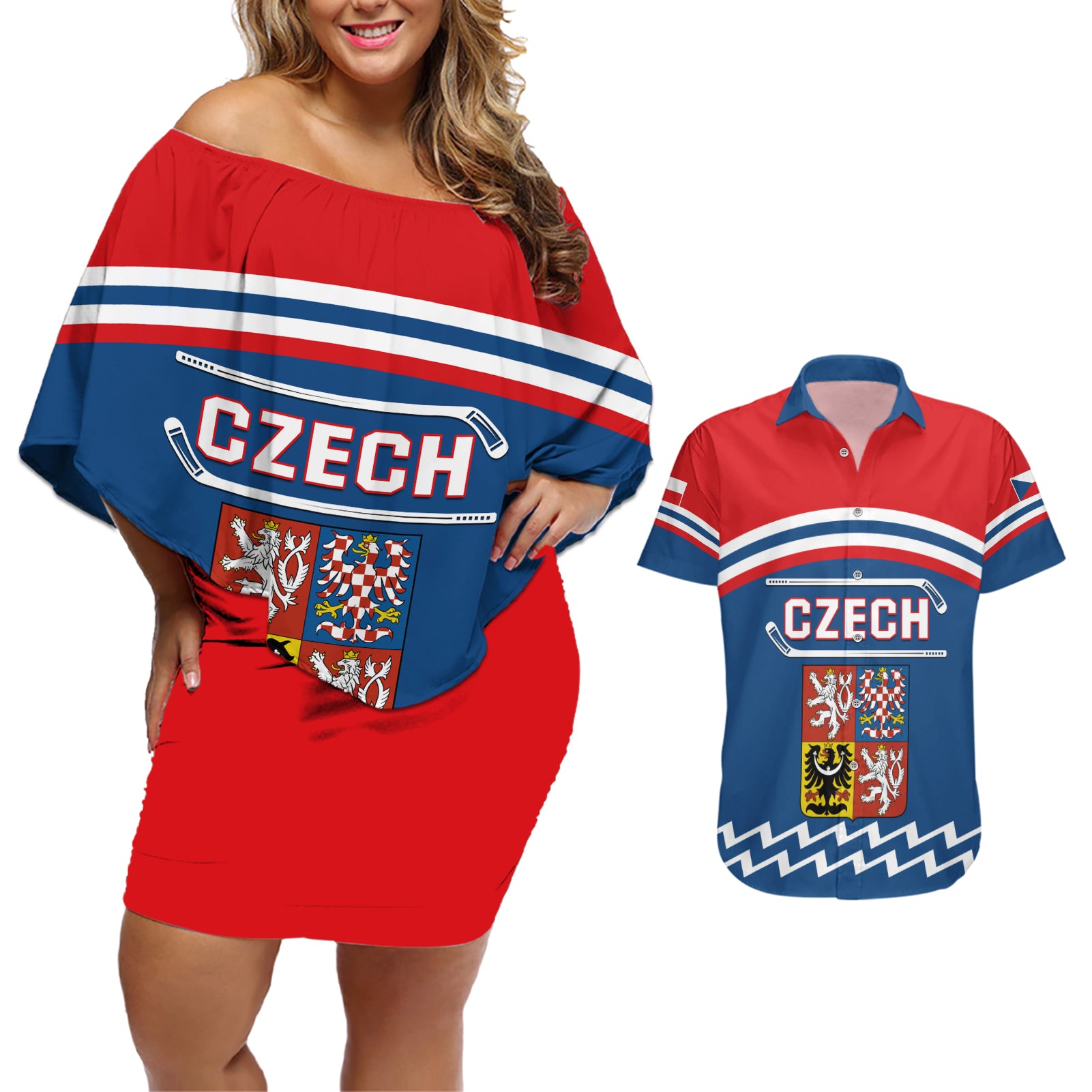 Czech Hockey 2024 Couples Matching Off Shoulder Short Dress and Hawaiian Shirt Come on Czechia - Wonder Print Shop