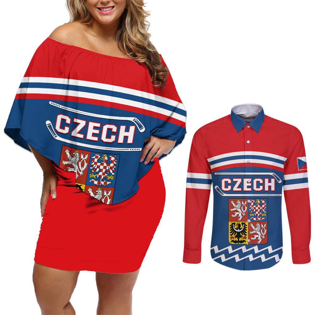 Czech Hockey 2024 Couples Matching Off Shoulder Short Dress and Long Sleeve Button Shirt Come on Czechia - Wonder Print Shop