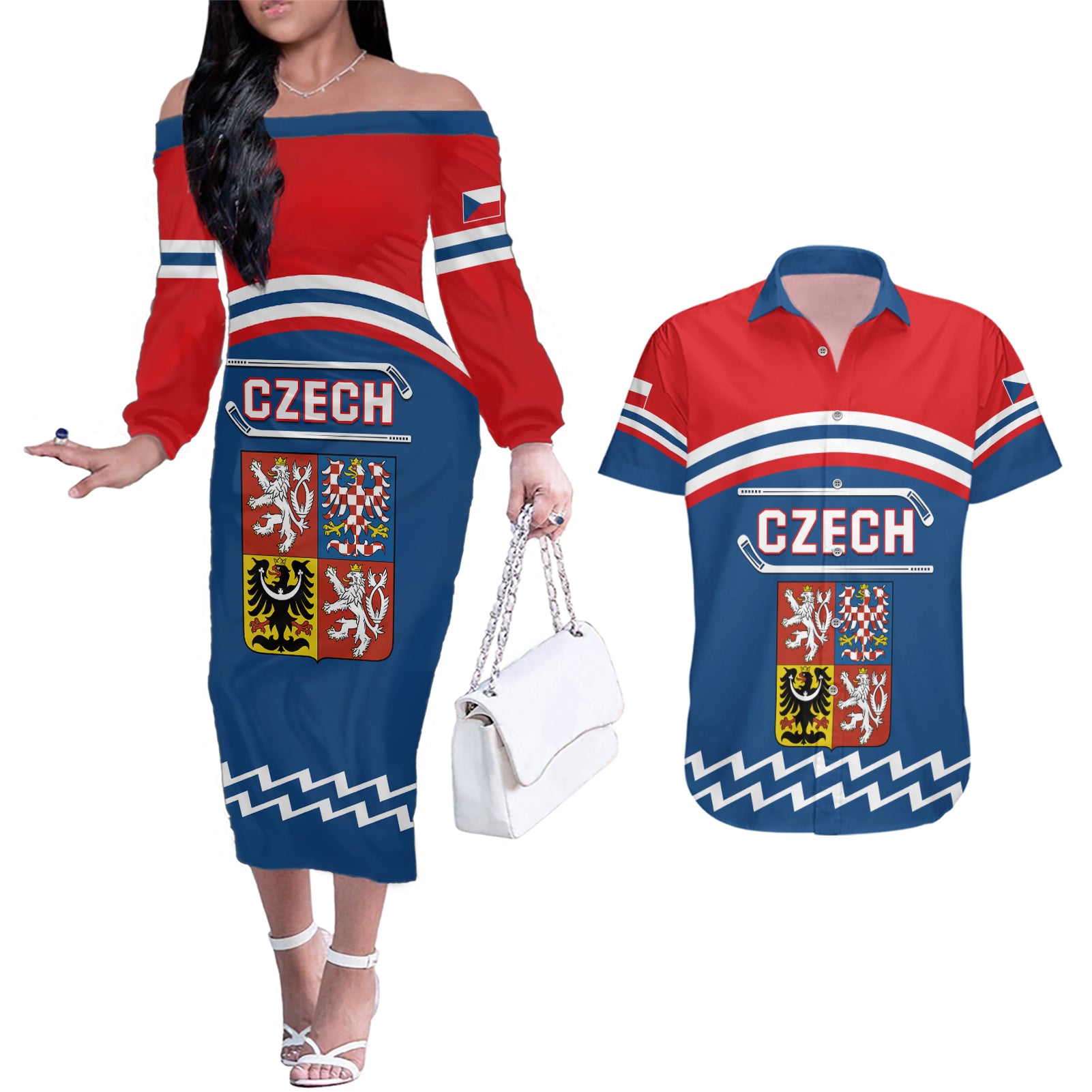 Czech Hockey 2024 Couples Matching Off The Shoulder Long Sleeve Dress and Hawaiian Shirt Come on Czechia - Wonder Print Shop