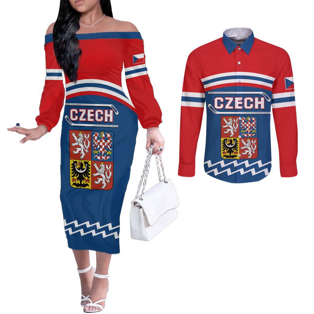 Czech Hockey 2024 Couples Matching Off The Shoulder Long Sleeve Dress and Long Sleeve Button Shirt Come on Czechia