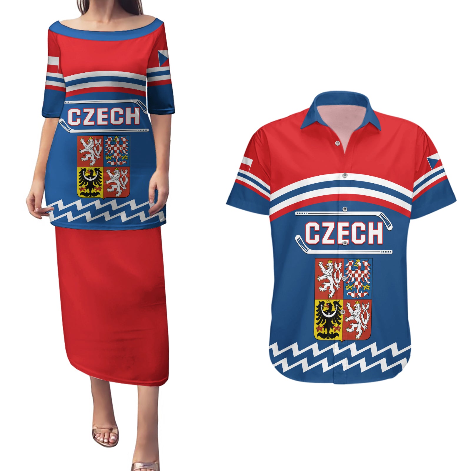 Czech Hockey 2024 Couples Matching Puletasi and Hawaiian Shirt Come on Czechia - Wonder Print Shop