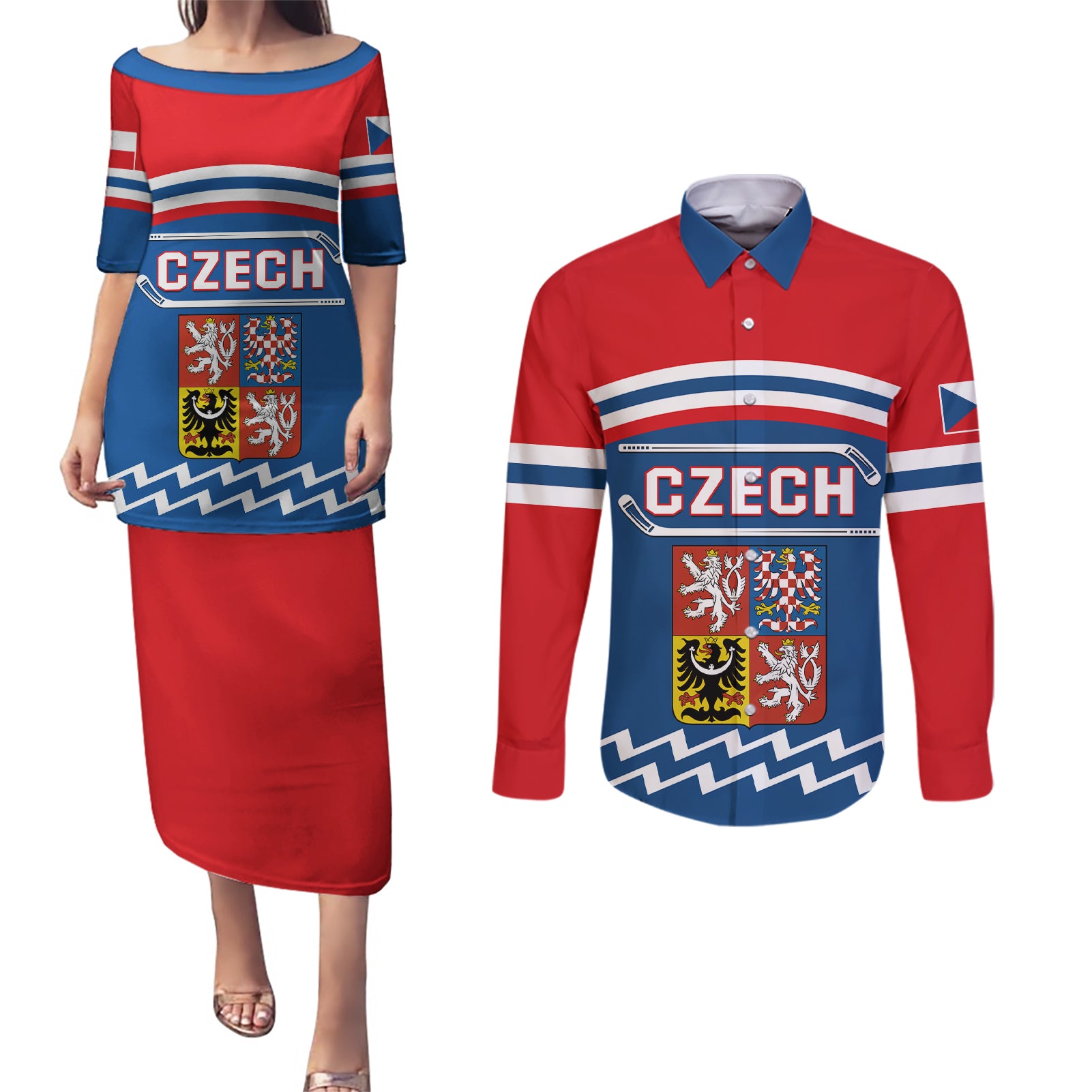 Czech Hockey 2024 Couples Matching Puletasi and Long Sleeve Button Shirt Come on Czechia - Wonder Print Shop