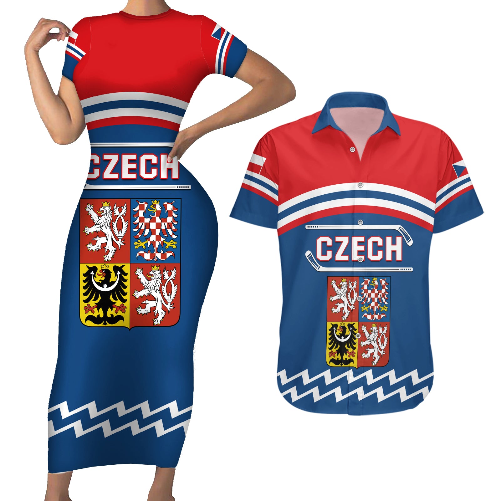 Czech Hockey 2024 Couples Matching Short Sleeve Bodycon Dress and Hawaiian Shirt Come on Czechia - Wonder Print Shop